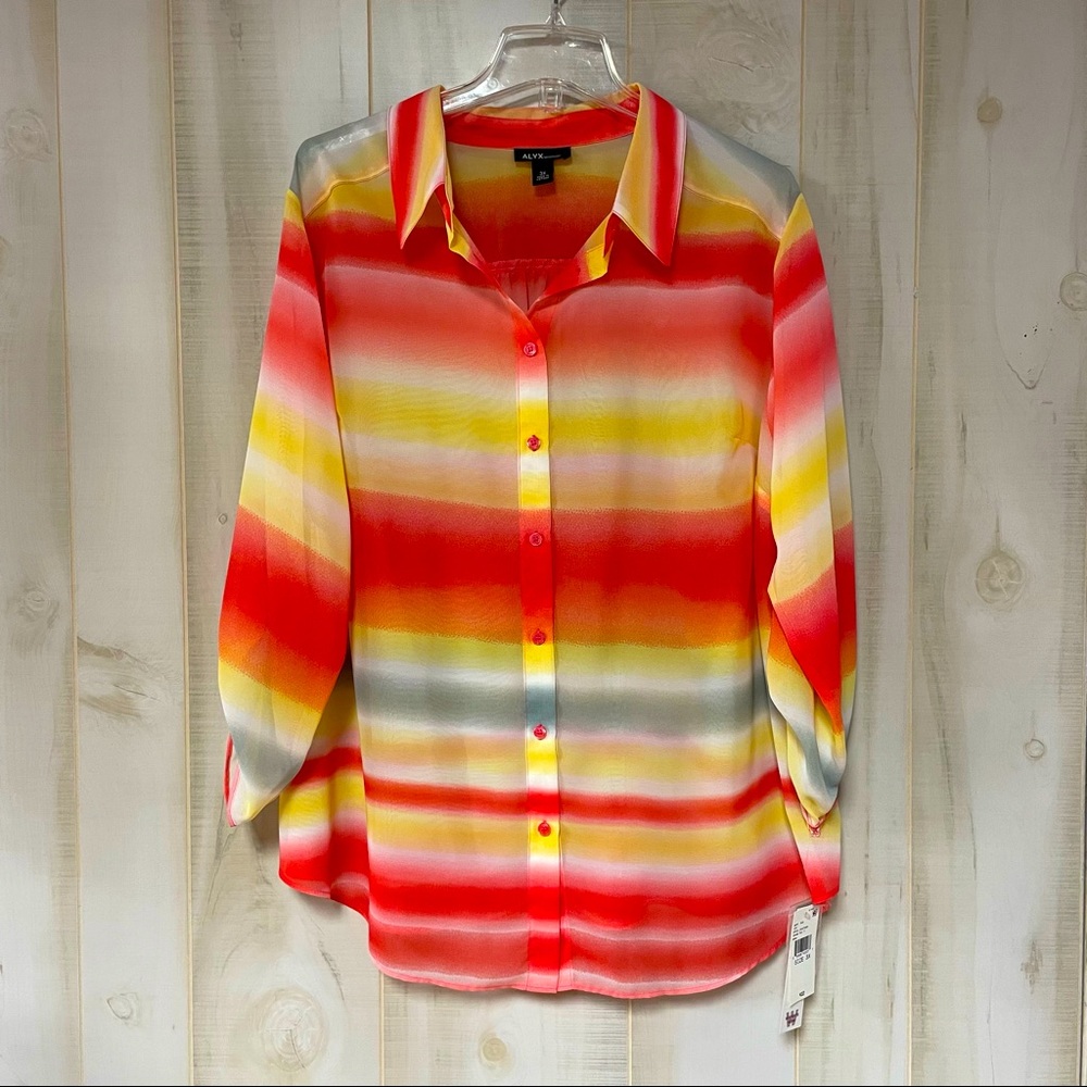 NWT Alyx Woman Sheer Yellow Pink And White Button Down Blouse Sz 3X